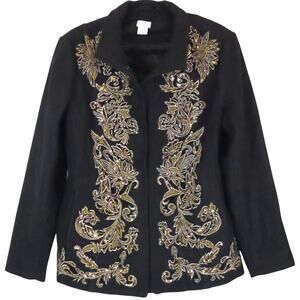Chicos 1 Black Embellished Floral Wool Jacket Beaded Sequin Black Gold Medium